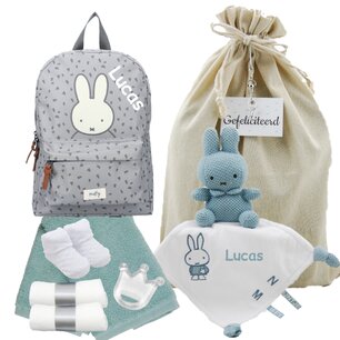 Nijntje Rugtas Funny Days Grey met knuffeldoekje stonegreen met naam Nijntje Rugtas Funny Days Grey met knuffeldoekje stonegreen met naam