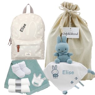 Nijntje Rugtas Funny Days Creme met knuffeldoekje stonegreen met naam Nijntje Rugtas Funny Days Creme met knuffeldoekje stonegreen met naam