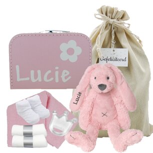 Babykoffertje babyroze met Rabbit Richie Pink met naam Babykoffertje babyroze met Rabbit Richie Pink met naam