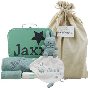 Babykoffertje mint met badcape en nijntje stonegreen met naam Babykoffertje mint met badcape en nijntje stonegreen met naam