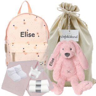 Rugtas Kidzroom beige met Rabbit Richie Pink met naam Rugtas Kidzroom beige met Rabbit Richie Pink met naam