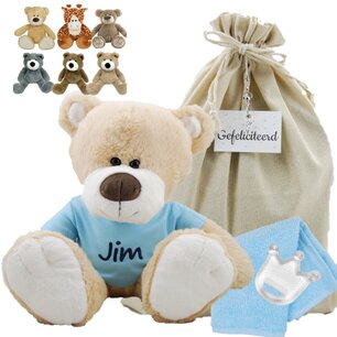 Knuffel Beer met naam op babyblauw shirtje Knuffel Beer met naam op babyblauw shirtje