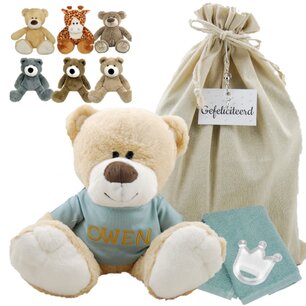 Knuffel Beer met naam op stonegreen shirtje Knuffel Beer met naam op stonegreen shirtje