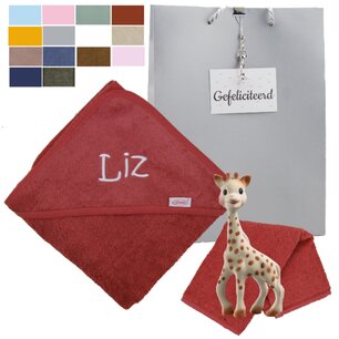 Sophie de Giraf met badcape met naam Sophie de Giraf met badcape met naam