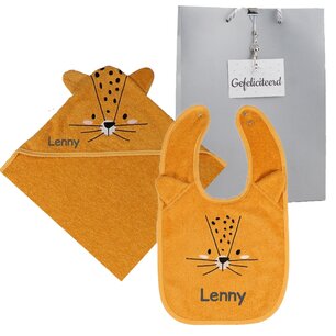Blush en Blossom Cadeauset Badcape Leopard Lenny met naam Blush en Blossom Cadeauset Badcape Leopard Lenny met naam