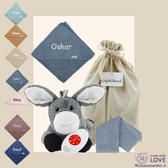 Knuffel Heartbeat Don Ezeltje Kraamcadeau badcape met naam