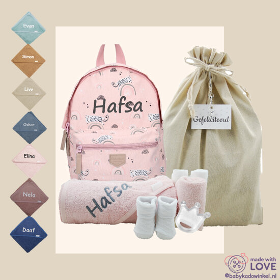 Rugtas Mini Pink Kraamcadeau met naam