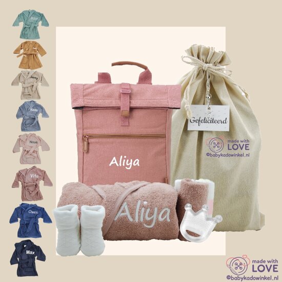 Babycadeaupakket Rugtas Pink met naam