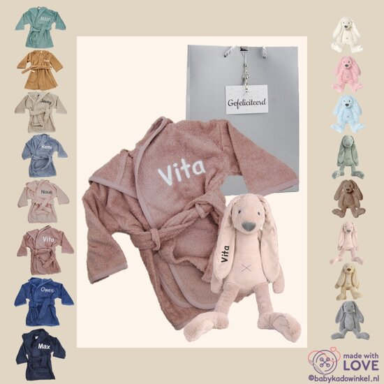 Badjasje met knuffel Rabbit Richie kraamcadeau met naam