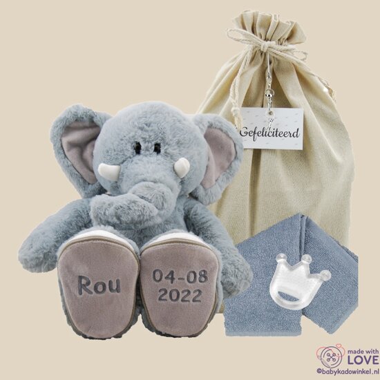 Knuffel Olifant Luka Kraamcadeau met naam en datum