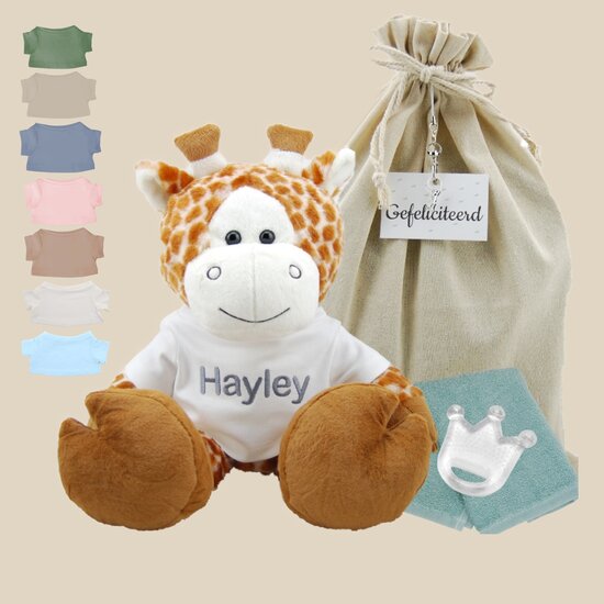 Knuffel Giraf Kraamcadeau met naam op shirtje