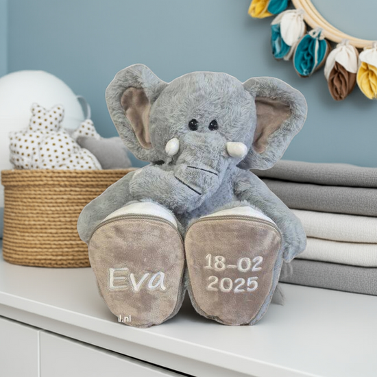 Knuffel Olifant Luka met naam en datum
