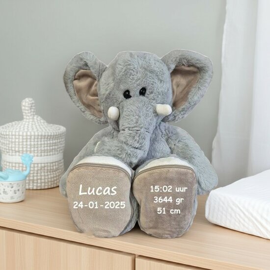 Knuffel Olifant Luka 45 cm met geboortegegevens