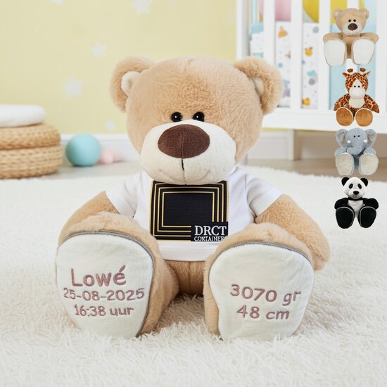 Knuffel met logo en naam en geboortegegevens