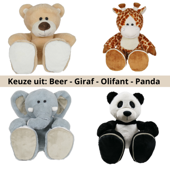 Knuffel met logo en naam en geboortegegevens