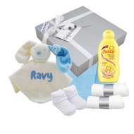 Babycadeaudoosje met knuffeldoekje blauw met naam