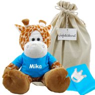 Knuffel Giraf met naam op turquoise shirtje Knuffel Giraf met naam op turquoise shirtje