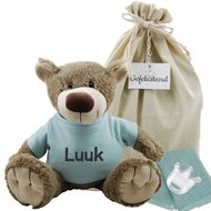 Knuffel Beer Bella met naam op mint shirtje Knuffel Beer Bella met naam op mint shirtje