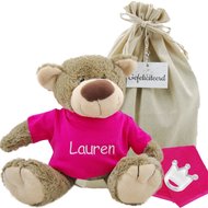 Knuffel Beer Bella met naam op fuchsia shirtje Knuffel Beer Bella met naam op fuchsia shirtje