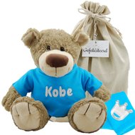 Knuffel Beer Bella met naam op turquoise shirtje Knuffel Beer Bella met naam op turquoise shirtje