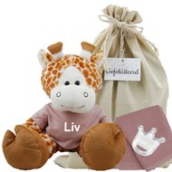 Knuffel Giraf met naam op stonepink shirtje Knuffel Giraf met naam op stonepink shirtje