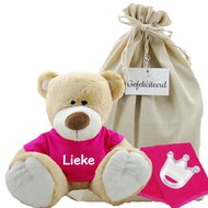 Knuffel Beer Boris met naam op fuchsia shirtje Knuffel Beer Boris met naam op fuchsia shirtje