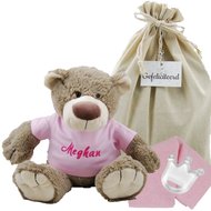 Knuffel Beer Bella met naam op babyroze shirtje Knuffel Beer Bella met naam op babyroze shirtje