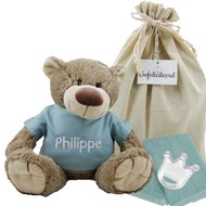 Knuffel Bear Bella met naam op stonegreen shirtje Knuffel Bear Bella met naam op stonegreen shirtje