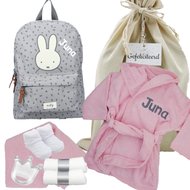 Nijntje Rugtas Funny Days Grey badjasje babyroze met naam Nijntje Rugtas Funny Days Grey badjasje babyroze met naam