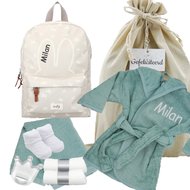 Nijntje Rugtas Funny Days Creme badjasje stonegreen met naam Nijntje Rugtas Funny Days Creme badjasje stonegreen met naam