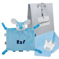 Labeldoekje hondje babyblauw met naam
