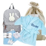 Nijntje Rugtas Funny Days Grey badjasje babyblauw met naam Nijntje Rugtas Funny Days Grey badjasje babyblauw met naam