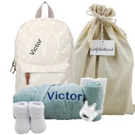 Nijntje Rugtas Funny Days Creme badjasje stonegreen met naam Nijntje Rugtas Funny Days Creme badjasje stonegreen met naam