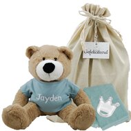 Knuffel Beer Vic Cream 45 cm met naam op stonegreen shirtje Knuffel Beer Vic Cream 45 cm met naam op stonegreen shirtje
