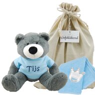 Knuffel Beer Vic Grey met naam op babyblauw shirtje