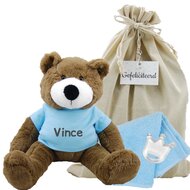 Knuffel Beer Vic Brown met naam op babyblauw shirtje