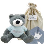 Knuffel Beer Vic Grey 45 cm met naam op mint shirtje Knuffel Beer Vic Grey 45 cm met naam op mint shirtje