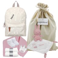 Nijntje Rugtas Funny Days Creme met knuffeldoekje roze met naam Nijntje Rugtas Funny Days Creme met knuffeldoekje roze met naam