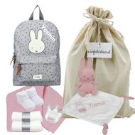 Nijntje Rugtas Funny Days Grey met knuffeldoekje roze met naam Nijntje Rugtas Funny Days Grey met knuffeldoekje roze met naam