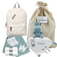 Nijntje Rugtas Funny Days Creme met knuffeldoekje stonegreen met naam Nijntje Rugtas Funny Days Creme met knuffeldoekje stonegreen met naam