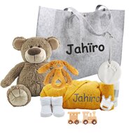 Babytas badjasje okergeel met naam en naamtreintje Babytas badjasje okergeel met naam en naamtreintje