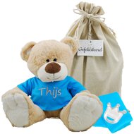 Knuffel Beer Boris met naam op turquoise shirtje Knuffel Beer Boris met naam op turquoise shirtje