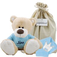 Knuffel Beer Boris met naam op babyblauw shirtje Knuffel Beer Boris met naam op babyblauw shirtje
