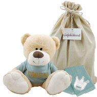 Knuffel Beer Boris met naam op stonegreen shirtje Knuffel Beer Boris met naam op stonegreen shirtje