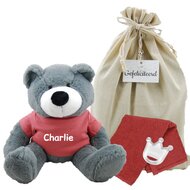 Knuffel Beer Vic Grey met naam op copper shirtje Knuffel Beer Vic Grey met naam op copper shirtje