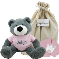 Knuffel Beer Vic Grey met naam op babyroze shirtje