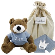 Knuffel Beer Vic Brown met naam op grijs shirtje