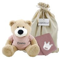 Knuffel Beer Vic Cream met naam op stonepink shirtje Knuffel Beer Vic Cream met naam op stonepink shirtje