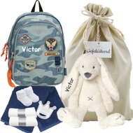 Rugtas Cool Blue met knuffel Rabbit Ivory met naam