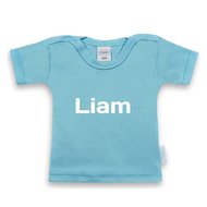 T-shirtje funnies babyblauw met naam maat 62/68